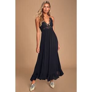 Free People Floral Adella Maxi Slip Dress Lace Ruffle Hem Boho Black Size S